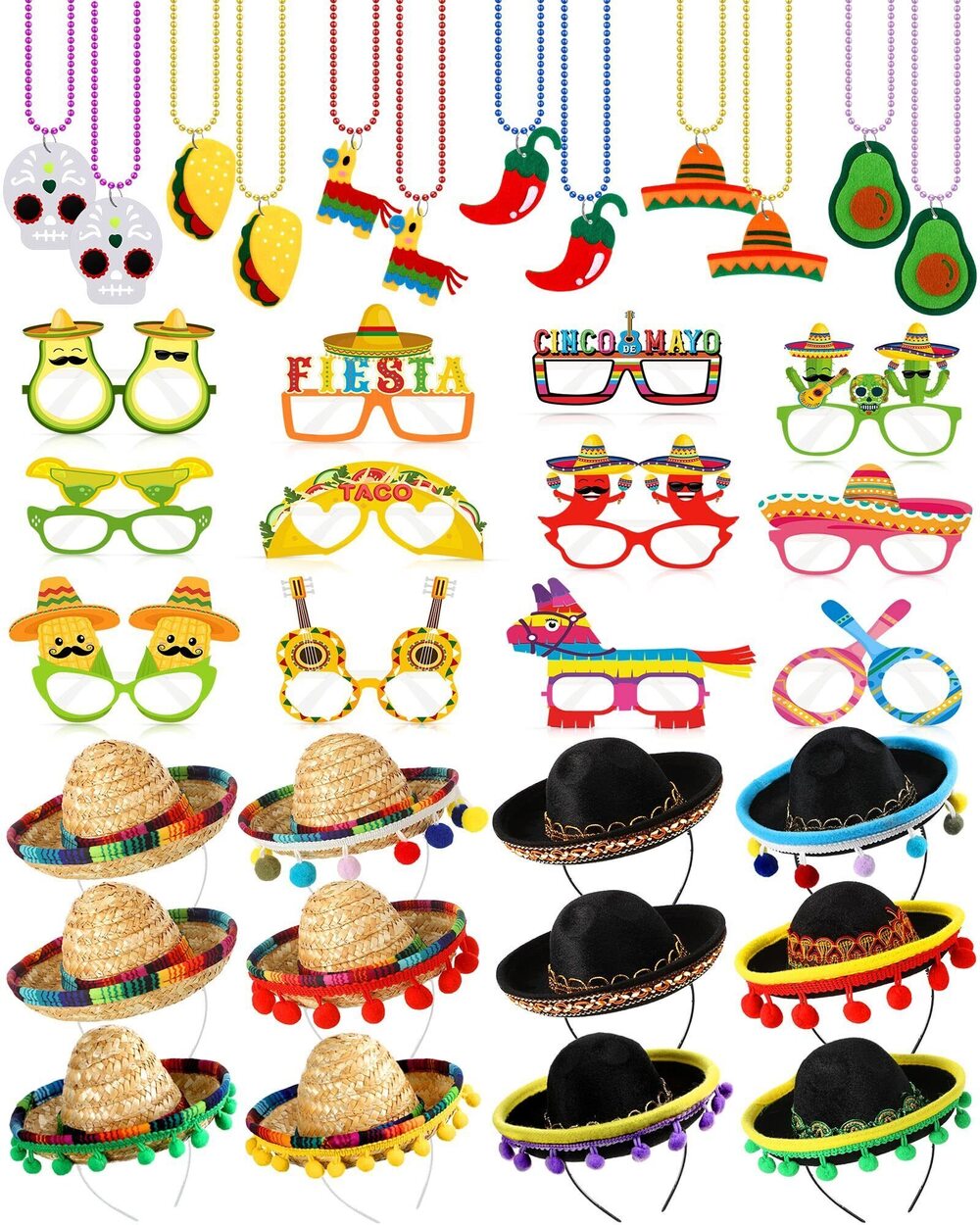 7647 36 Pcs Fiesta Party Supplies Fabric Straw Sombrero Headbands Necklaces